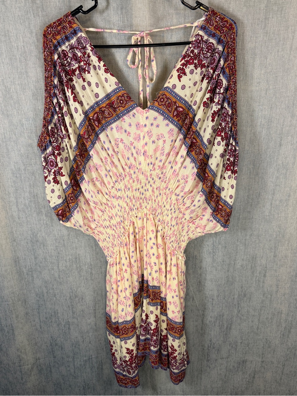 Heyson 100% Rayon Floral Paisley Mini Dress Pink Cream Smocked M Dolman Sleeve